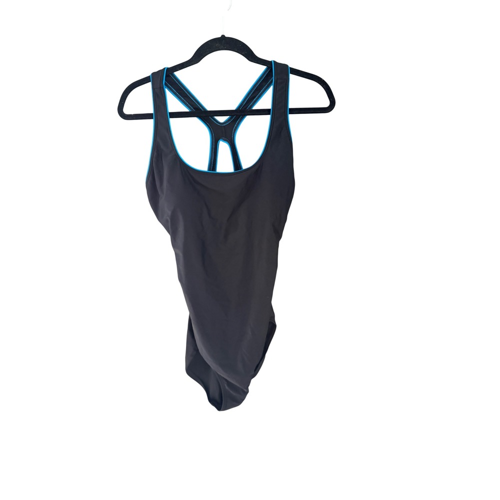 Speedo Womens Size 14 Black Blue Trim Racerback One Piece Swimsuit Athletic Swim